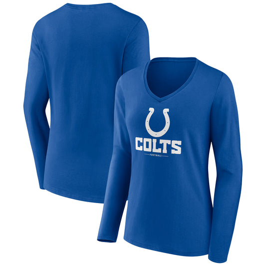 Women's Royal Indianapolis Colts Logo Team Lockup Long Sleeve V-Neck T-Shirt