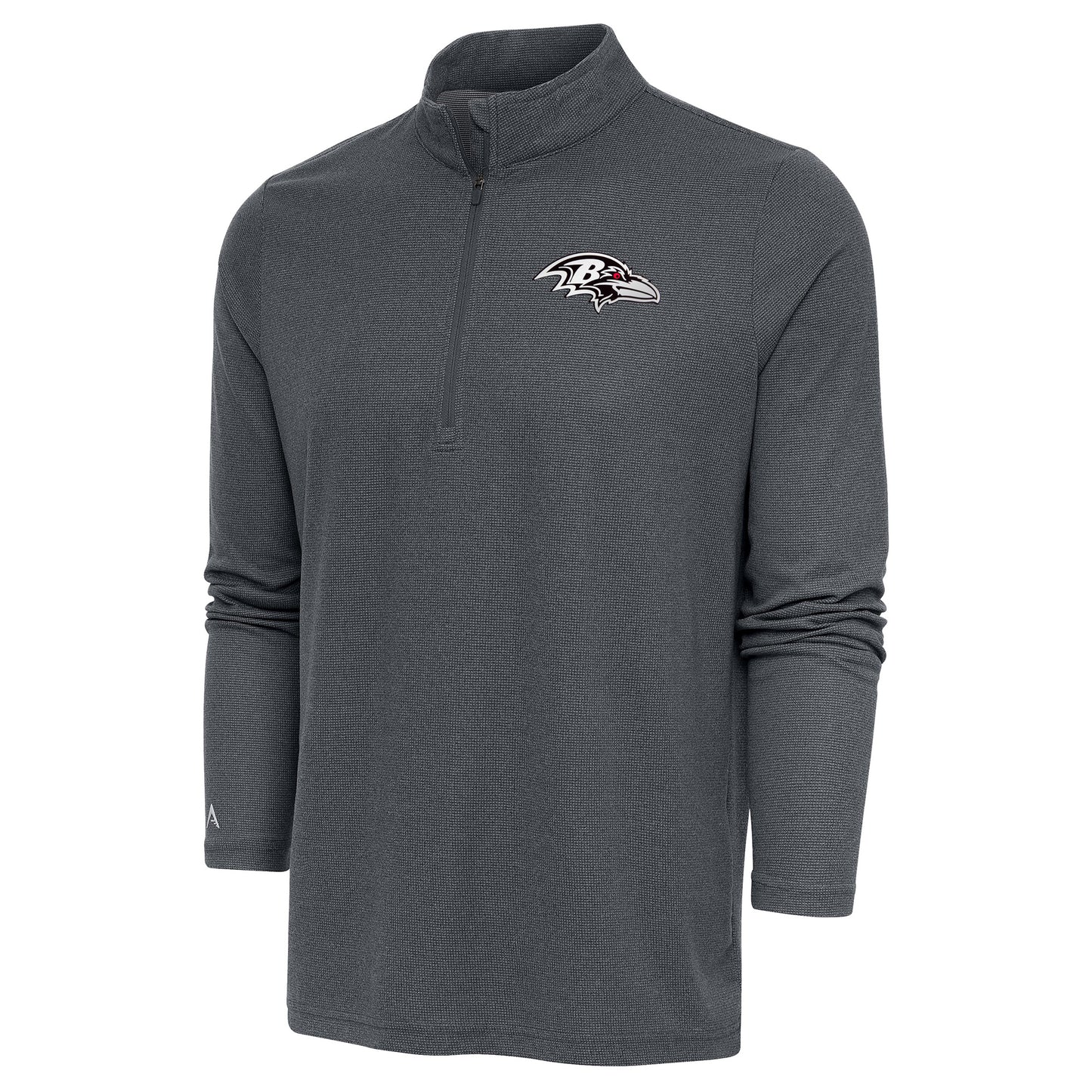Men's Antigua Heather Charcoal Baltimore Ravens Metallic Logo Epic Quarter-Zip Pullover Top