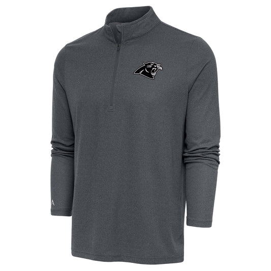 Men's Antigua Heather Charcoal Carolina Panthers Metallic Logo Epic Quarter-Zip Pullover Top