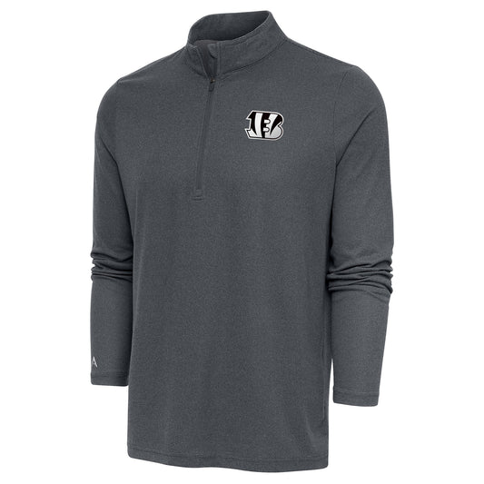 Men's Antigua Heather Charcoal Cincinnati Bengals Metallic Logo Epic Quarter-Zip Pullover Top