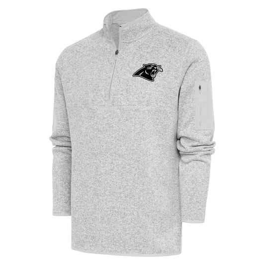 Men's Antigua Heather Gray Carolina Panthers Metallic Logo Fortune Quarter-Zip Jacket