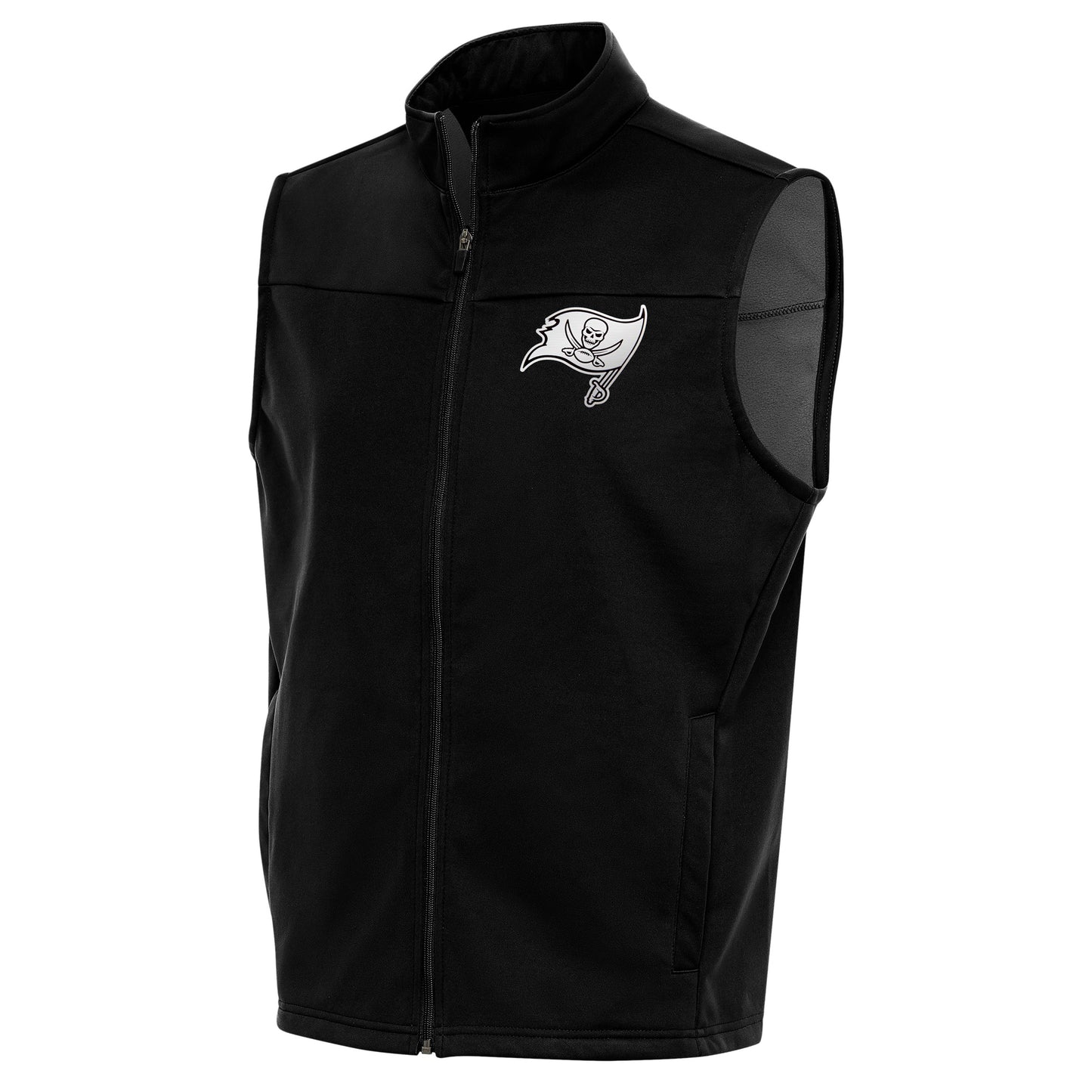 Men's Antigua Black Tampa Bay Buccaneers Metallic Logo Links Full-Zip Golf Vest