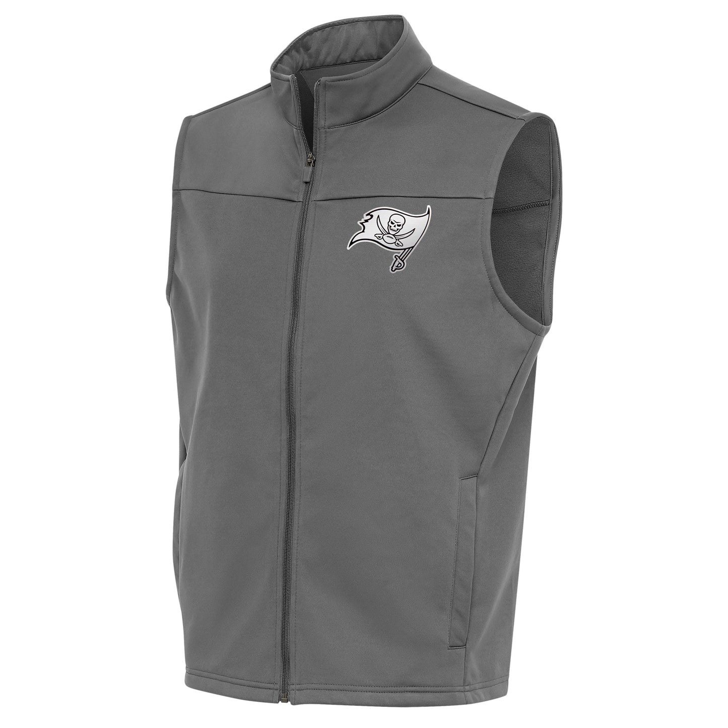 Men's Antigua Steel Tampa Bay Buccaneers Metallic Logo Links Full-Zip Golf Vest