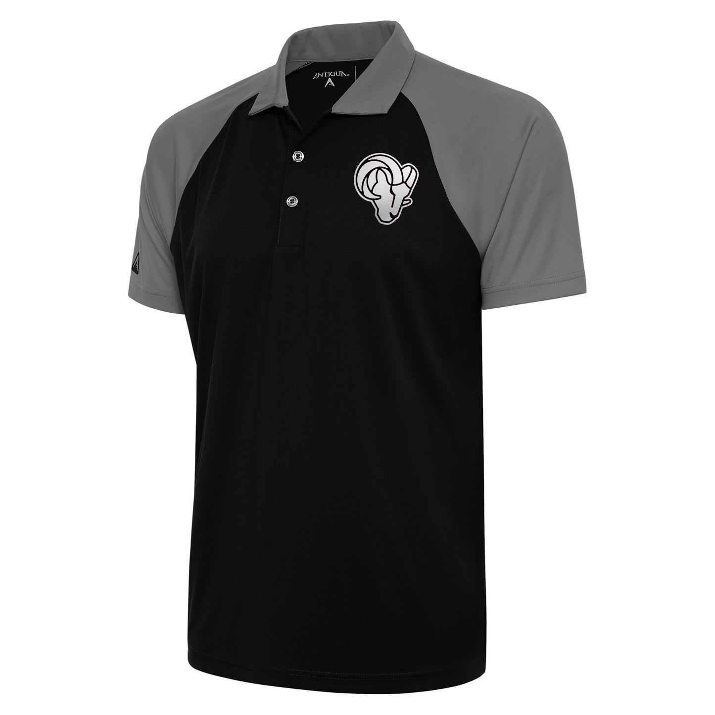 Men's Antigua Black/Gray Los Angeles Rams Metallic Logo Nova Polo