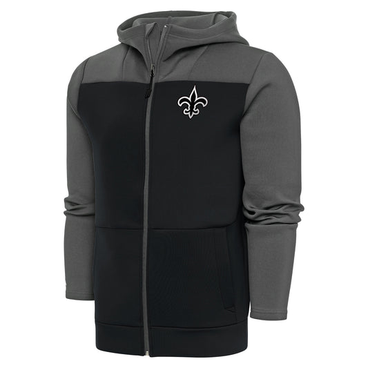 Men's Antigua Steel/Charcoal New Orleans Saints Metallic Logo Protect Full-Zip Hoodie