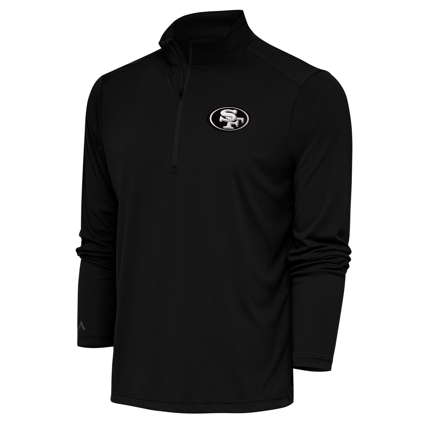 Men's Antigua Black San Francisco 49ers Metallic Logo Tribute Quarter-Zip Top