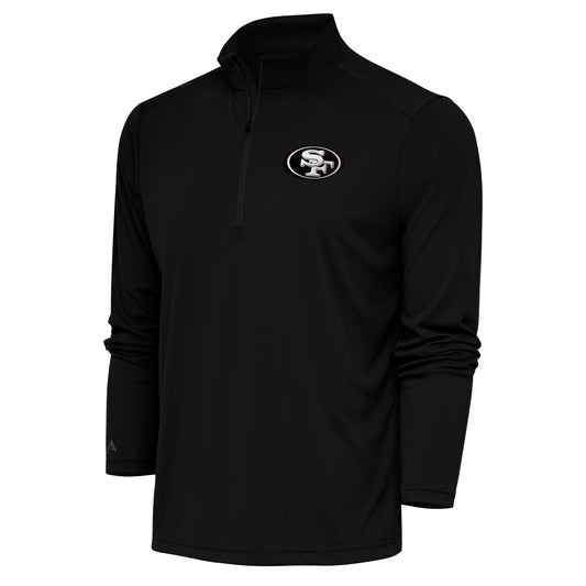 Men's Antigua Black San Francisco 49ers Metallic Logo Tribute Quarter-Zip Top
