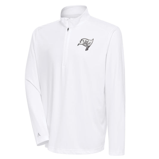 Men's Antigua White Tampa Bay Buccaneers Metallic Logo Tribute Quarter-Zip Top