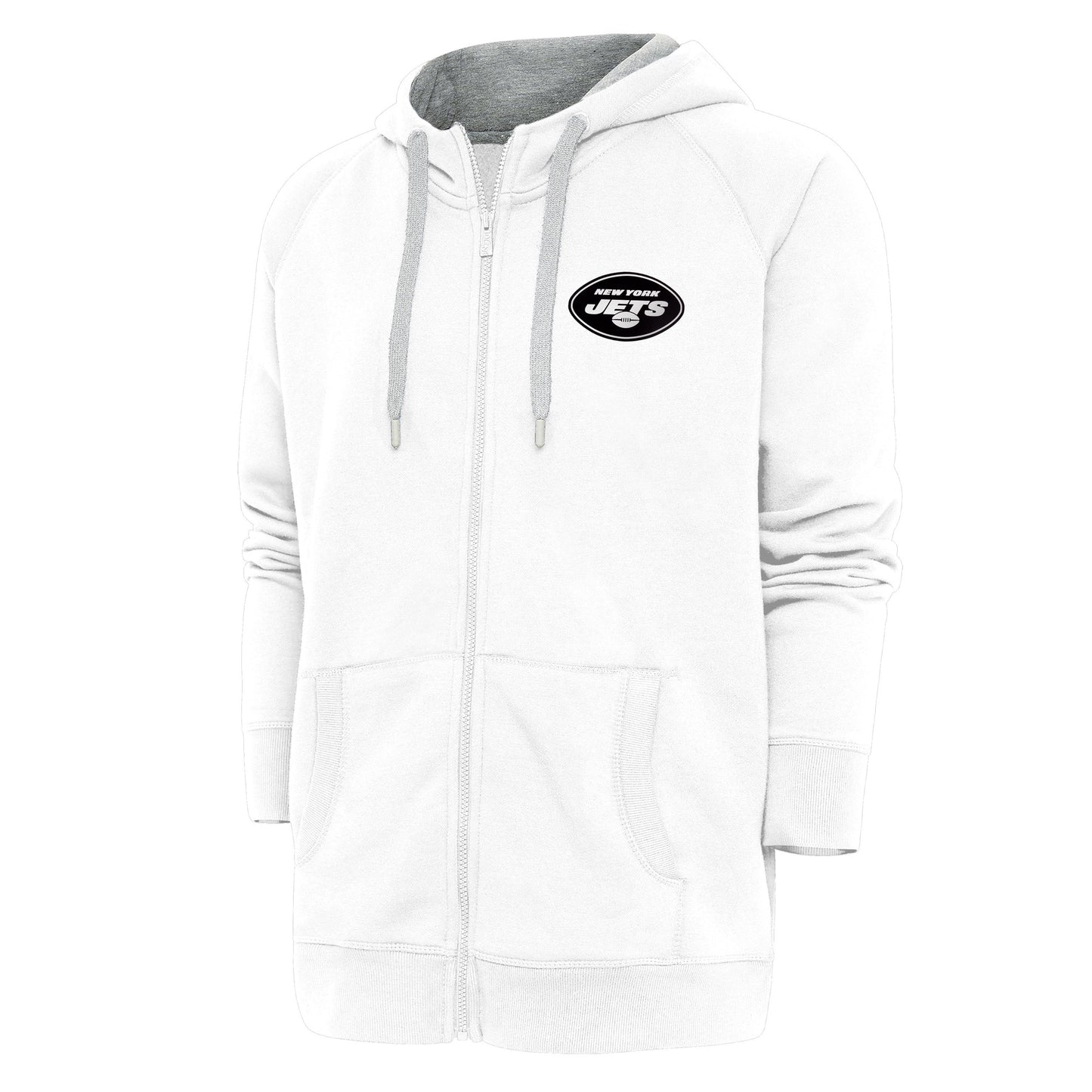 Men's Antigua White New York Jets Metallic Logo Victory Full-Zip Hoodie