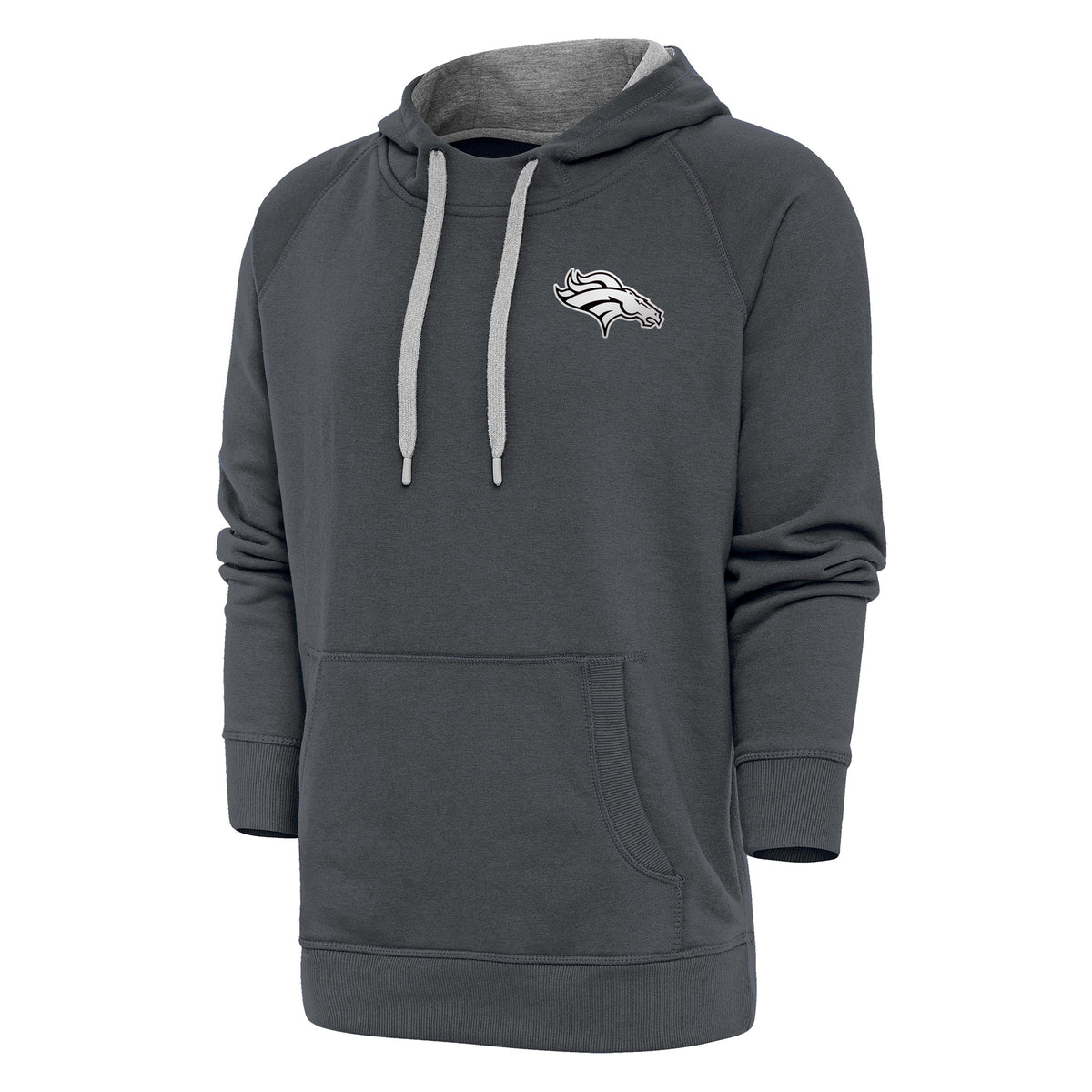 Men's Antigua Charcoal Denver Broncos Metallic Logo Victory Pullover Hoodie