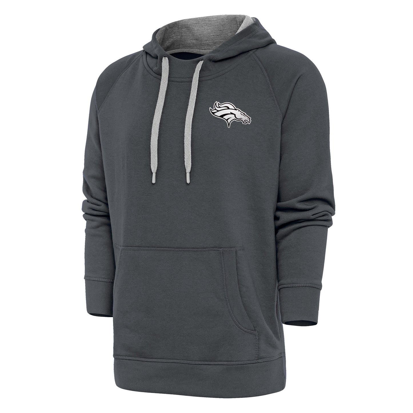 Men's Antigua Charcoal Denver Broncos Metallic Logo Victory Pullover Hoodie