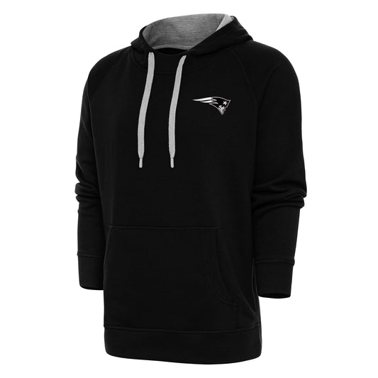 Men's Antigua Black New England Patriots Metallic Logo Victory Pullover Hoodie