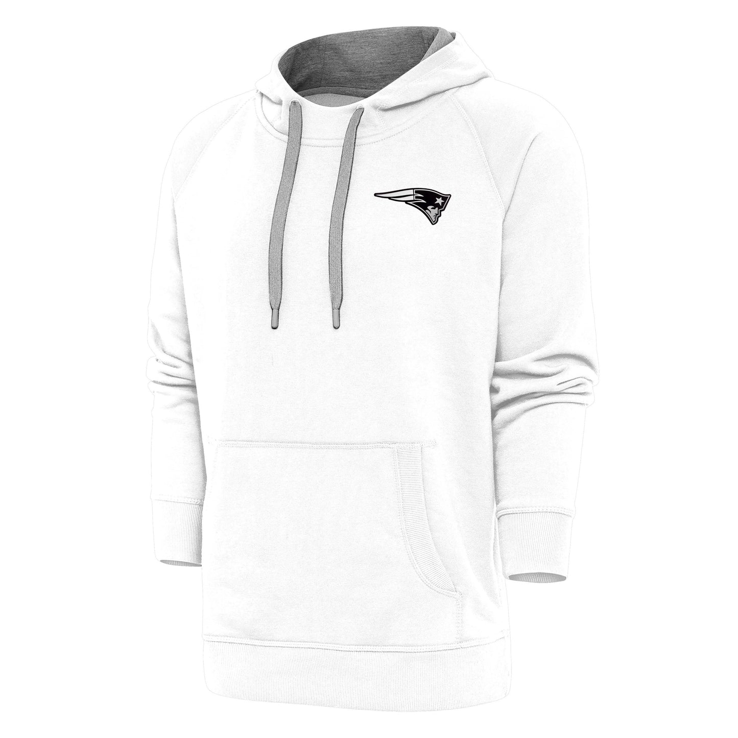 Men's Antigua White New England Patriots Metallic Logo Victory Pullover Hoodie