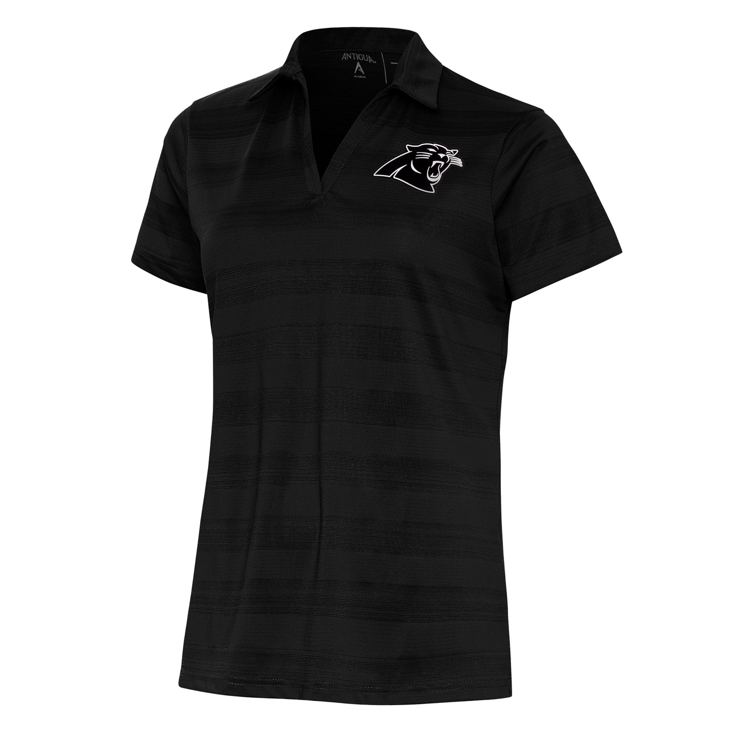 Women's Antigua Black Carolina Panthers Metallic Logo Compass Polo