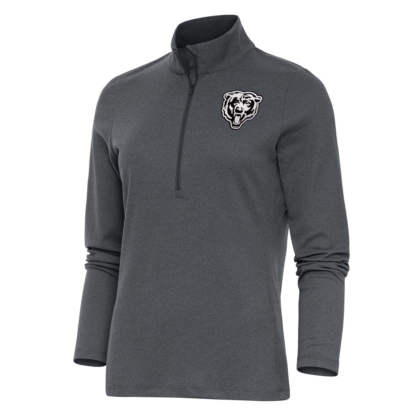Women's Antigua Heather Charcoal Chicago Bears Metallic Logo Epic Quarter-Zip Pullover Top