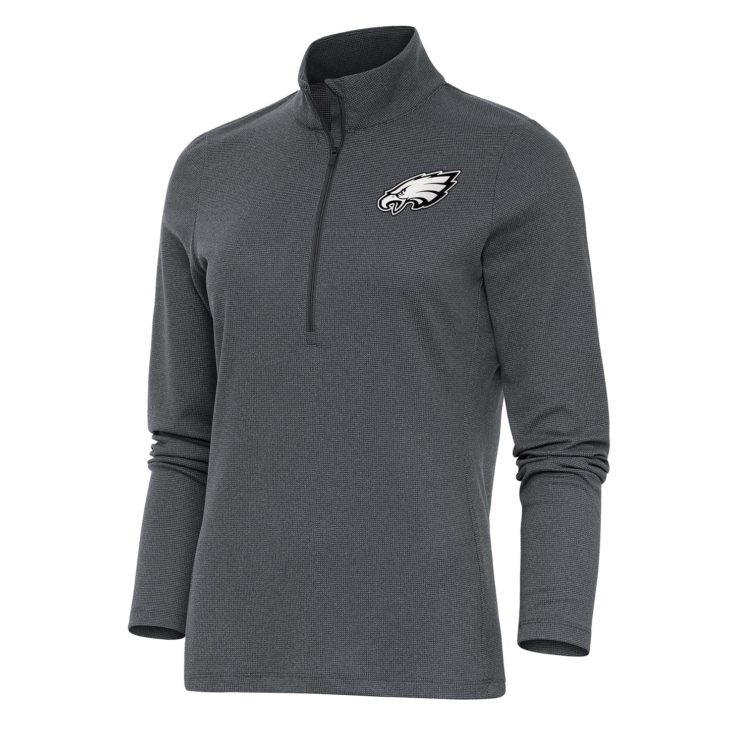 Women's Antigua Heather Charcoal Philadelphia Eagles Metallic Logo Epic Quarter-Zip Pullover Top