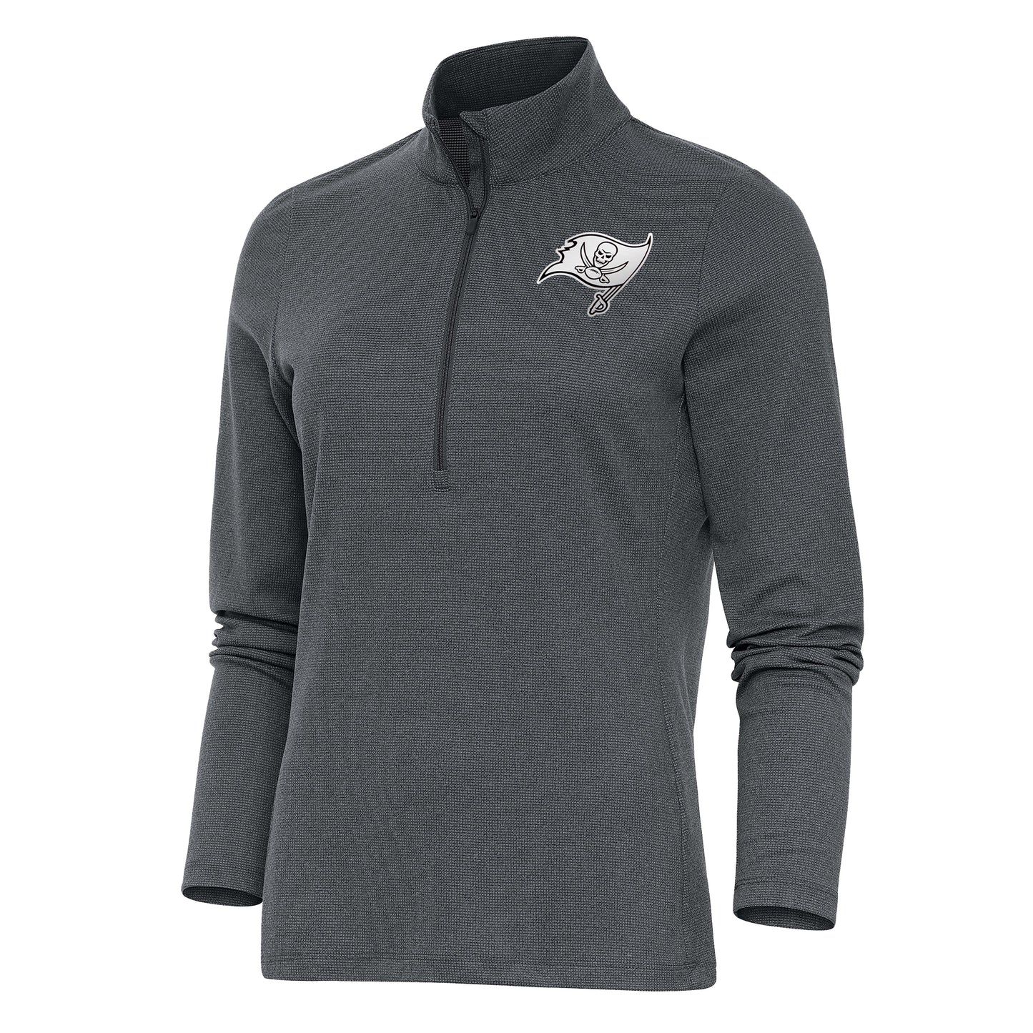 Women's Antigua Heather Charcoal Tampa Bay Buccaneers Metallic Logo Epic Quarter-Zip Pullover Top