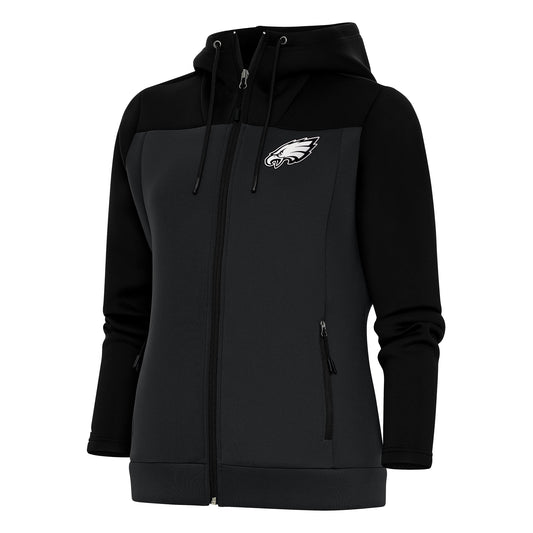 Women's Antigua Black/Charcoal Philadelphia Eagles Metallic Logo Protect Full-Zip Jacket