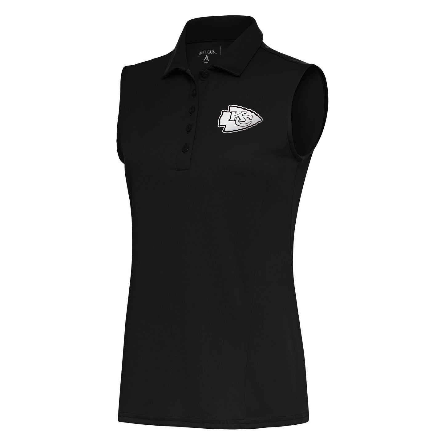 Women's Antigua Black Kansas City Chiefs Metallic Logo Sleeveless Tribute Polo