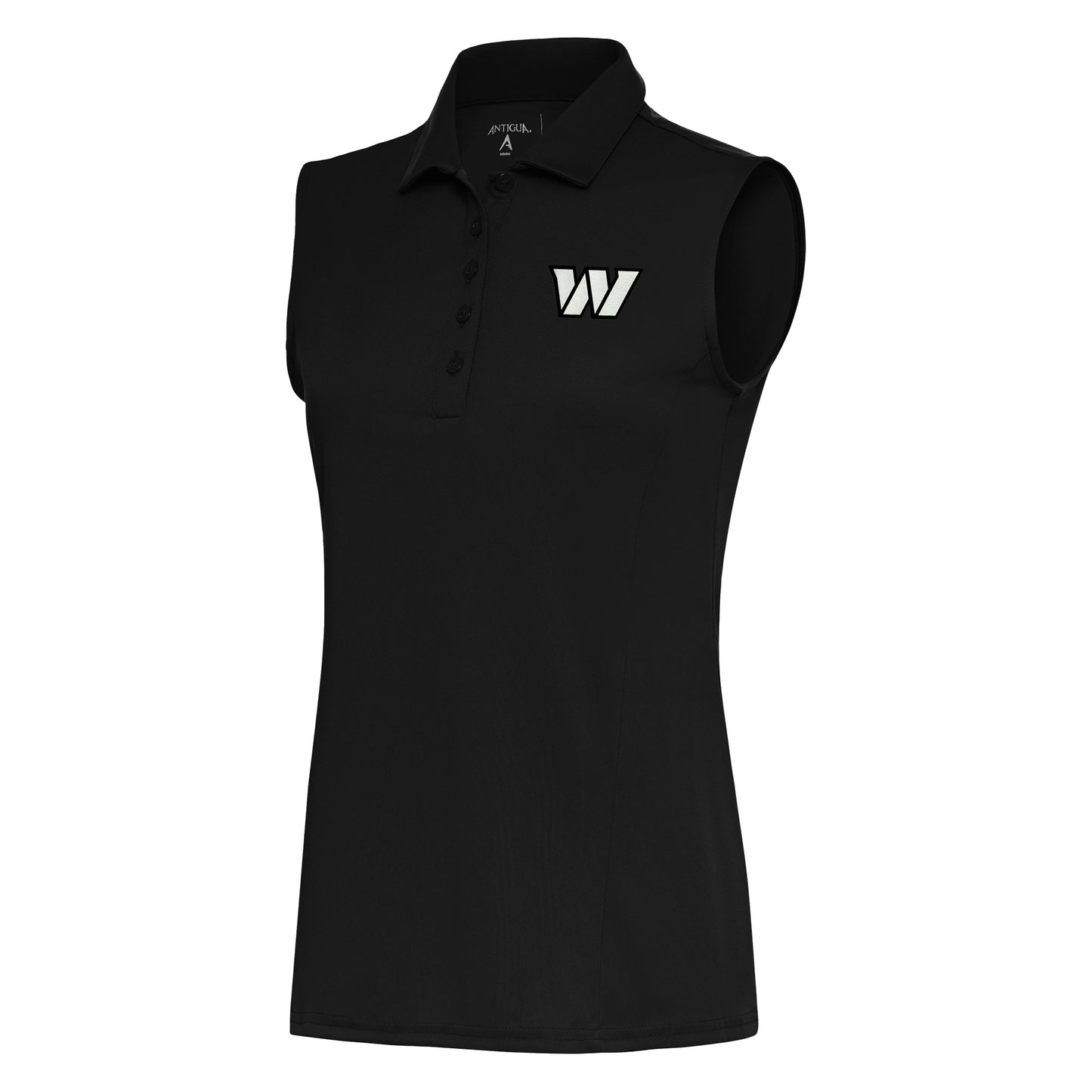 Women's Antigua Black Washington Commanders Metallic Logo Sleeveless Tribute Polo