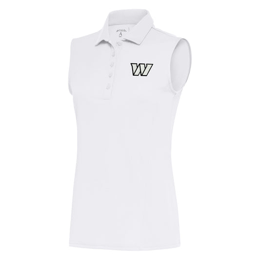 Women's Antigua White Washington Commanders Metallic Logo Sleeveless Tribute Polo