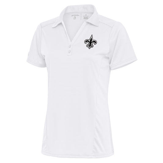 Women's Antigua White New Orleans Saints Metallic Logo Tribute Polo