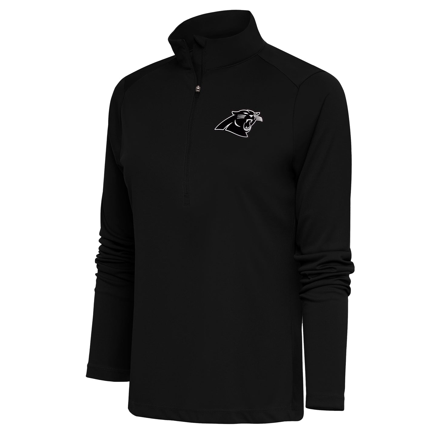 Women's Antigua Black Carolina Panthers Metallic Logo Tribute Half-Zip Top