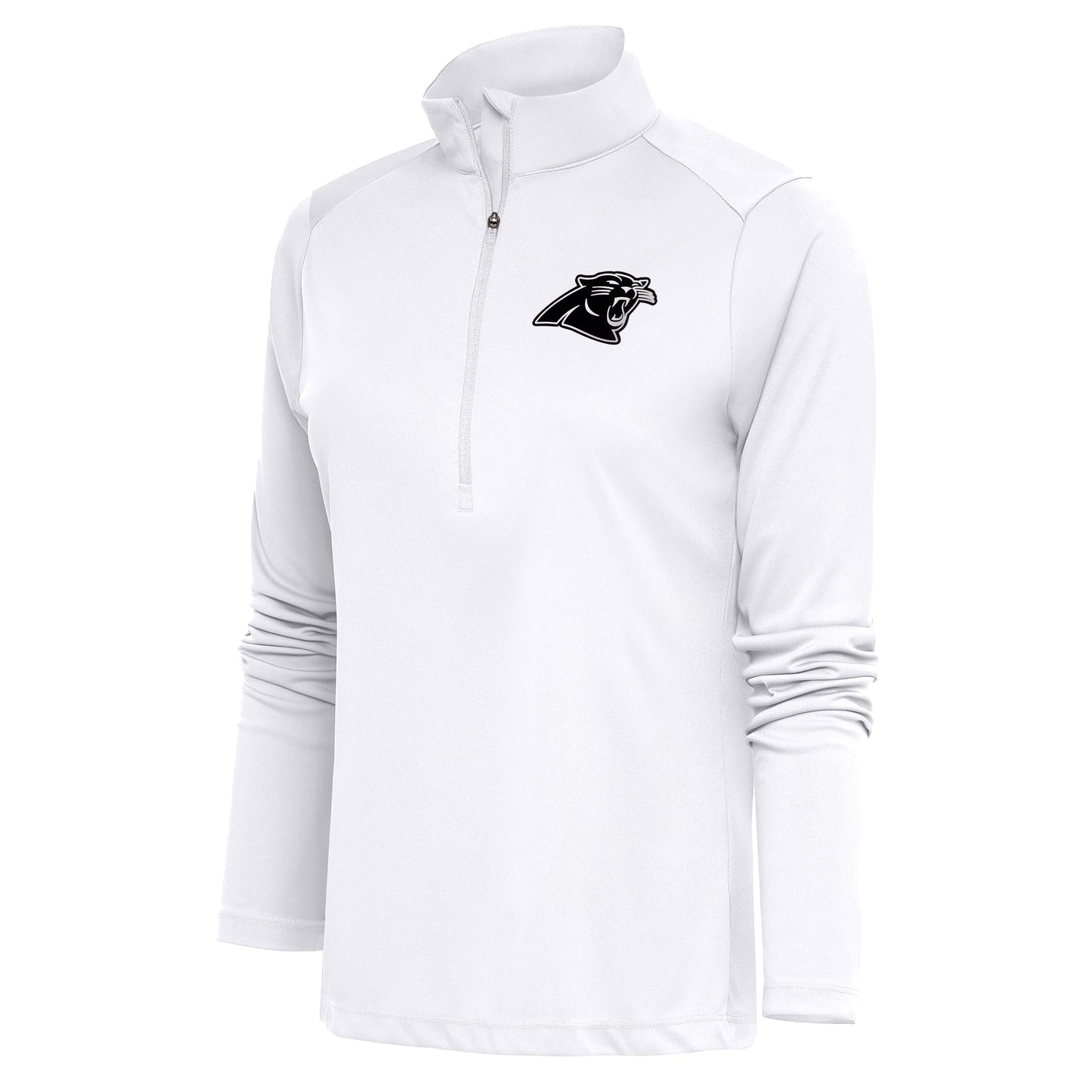 Women's Antigua White Carolina Panthers Metallic Logo Tribute Half-Zip Top