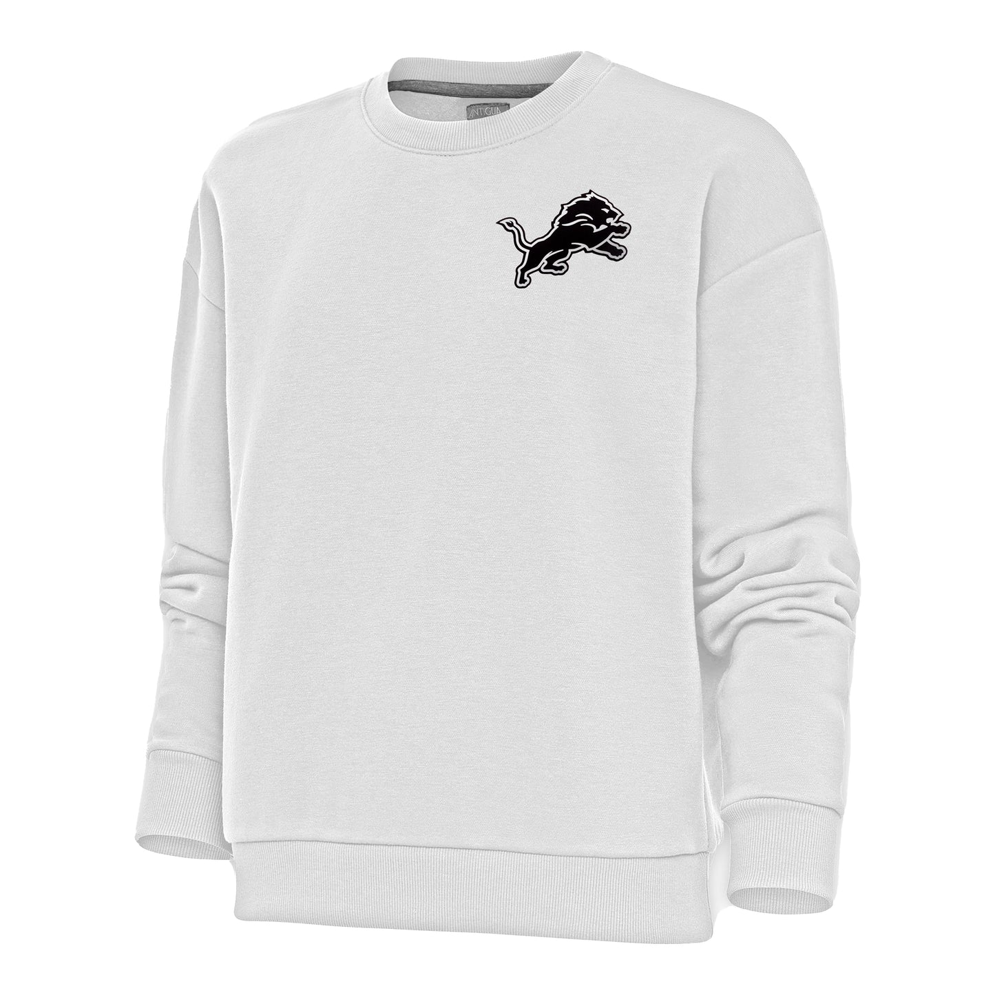 Women's Antigua White Detroit Lions Metallic Logo Victory Crewneck Pullover Sweatshirt