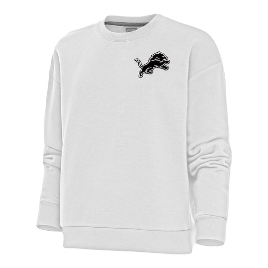 Women's Antigua White Detroit Lions Metallic Logo Victory Crewneck Pullover Sweatshirt