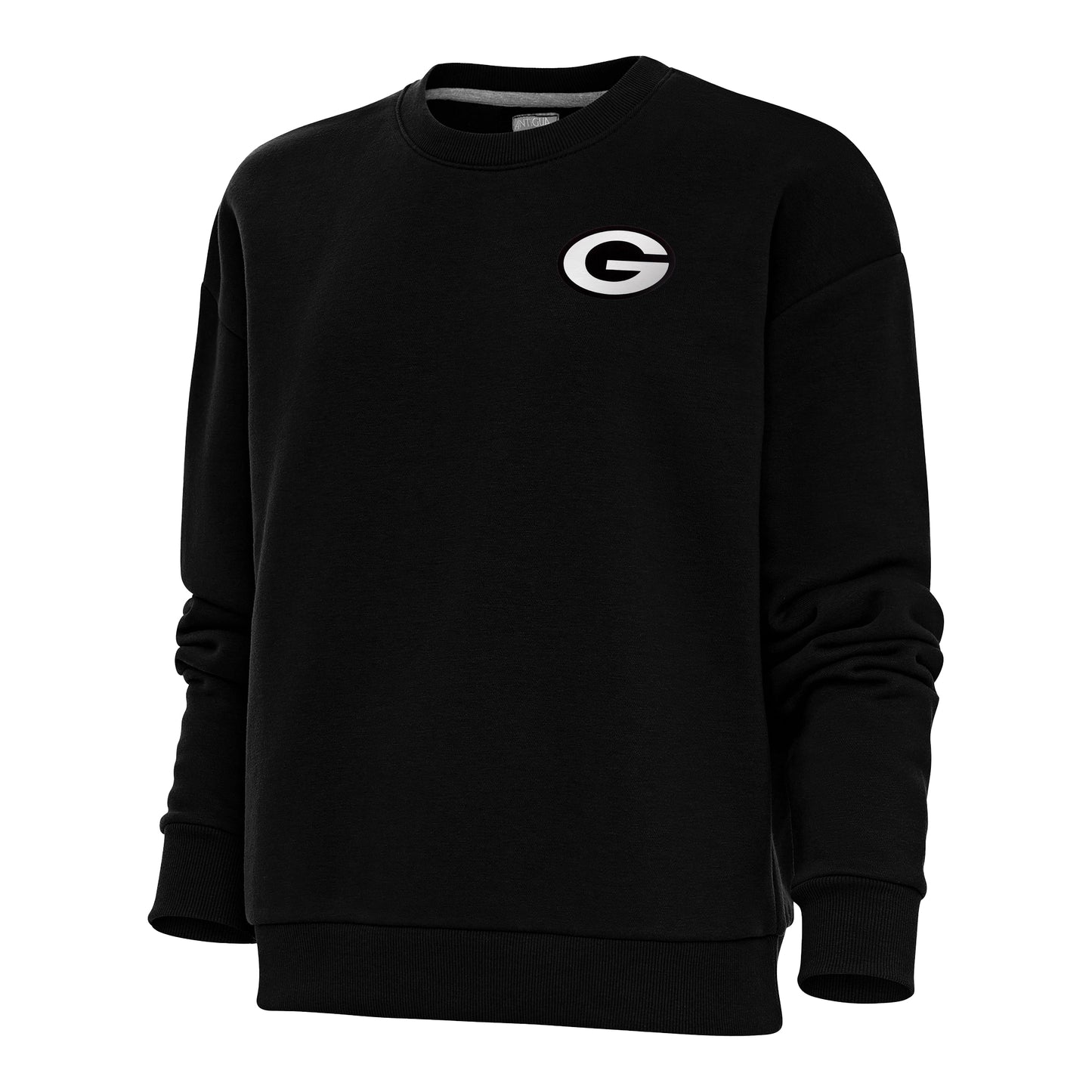 Women's Antigua Black Green Bay Packers Metallic Logo Victory Crewneck Pullover Sweatshirt