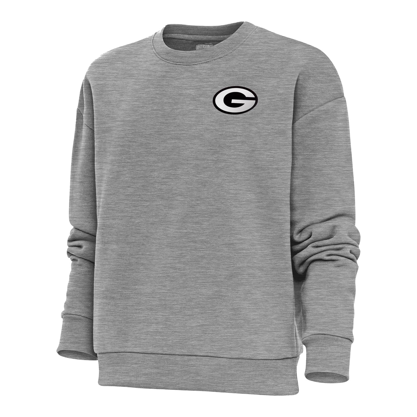 Women's Antigua Heather Gray Green Bay Packers Metallic Logo Victory Crewneck Pullover Sweatshirt