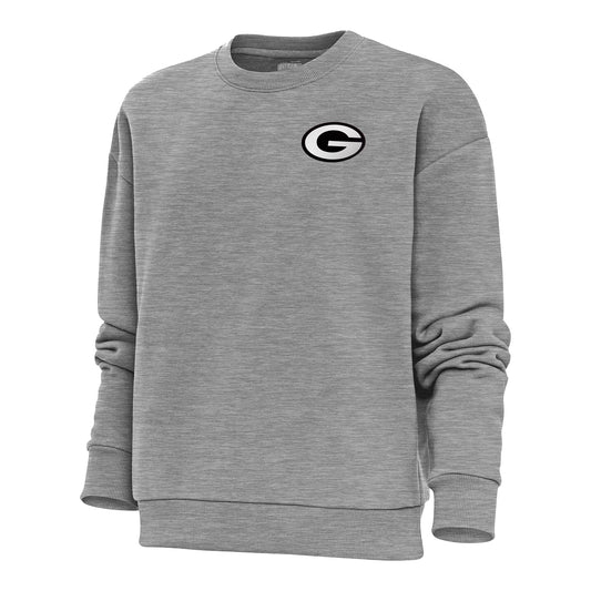 Women's Antigua Heather Gray Green Bay Packers Metallic Logo Victory Crewneck Pullover Sweatshirt