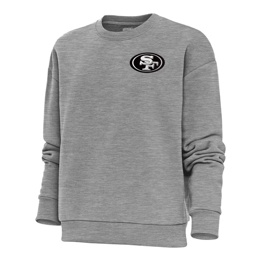 Women's Antigua Heather Gray San Francisco 49ers Metallic Logo Victory Crewneck Pullover Sweatshirt