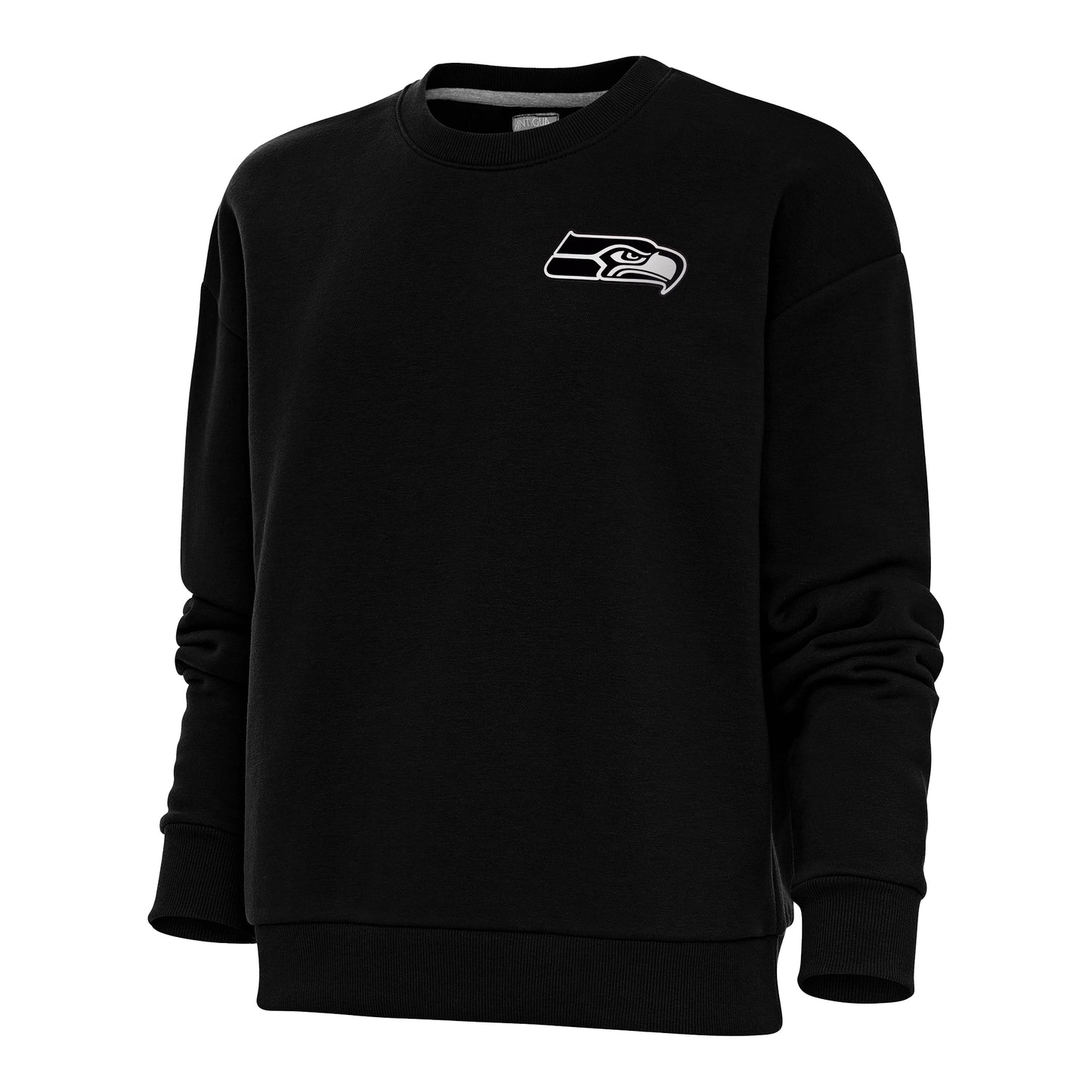 Women's Antigua Black Seattle Seahawks Metallic Logo Victory Crewneck Pullover Sweatshirt