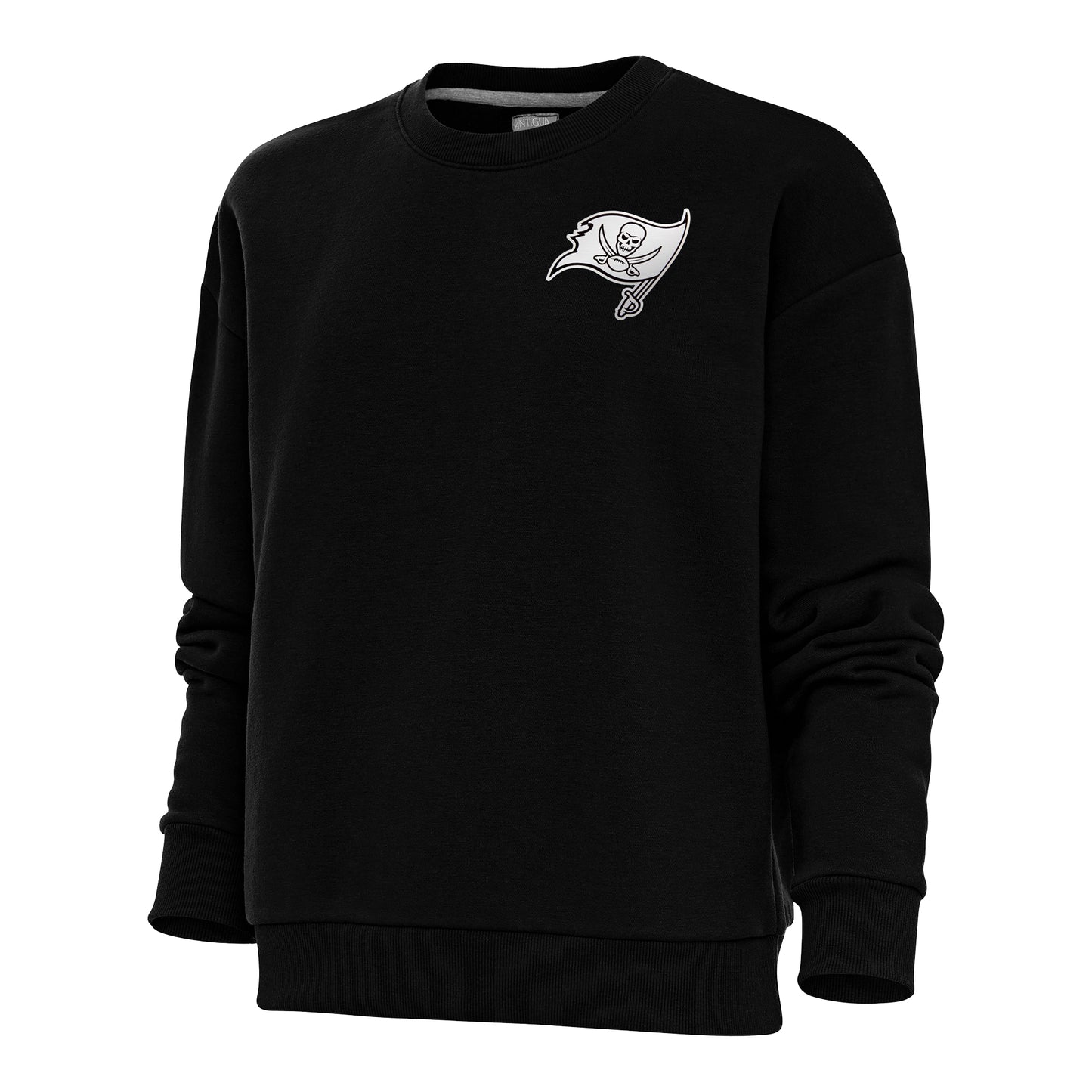 Women's Antigua Black Tampa Bay Buccaneers Metallic Logo Victory Crewneck Pullover Sweatshirt