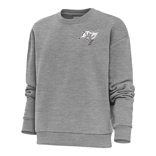 Women's Antigua Heather Gray Tampa Bay Buccaneers Metallic Logo Victory Crewneck Pullover Sweatshirt