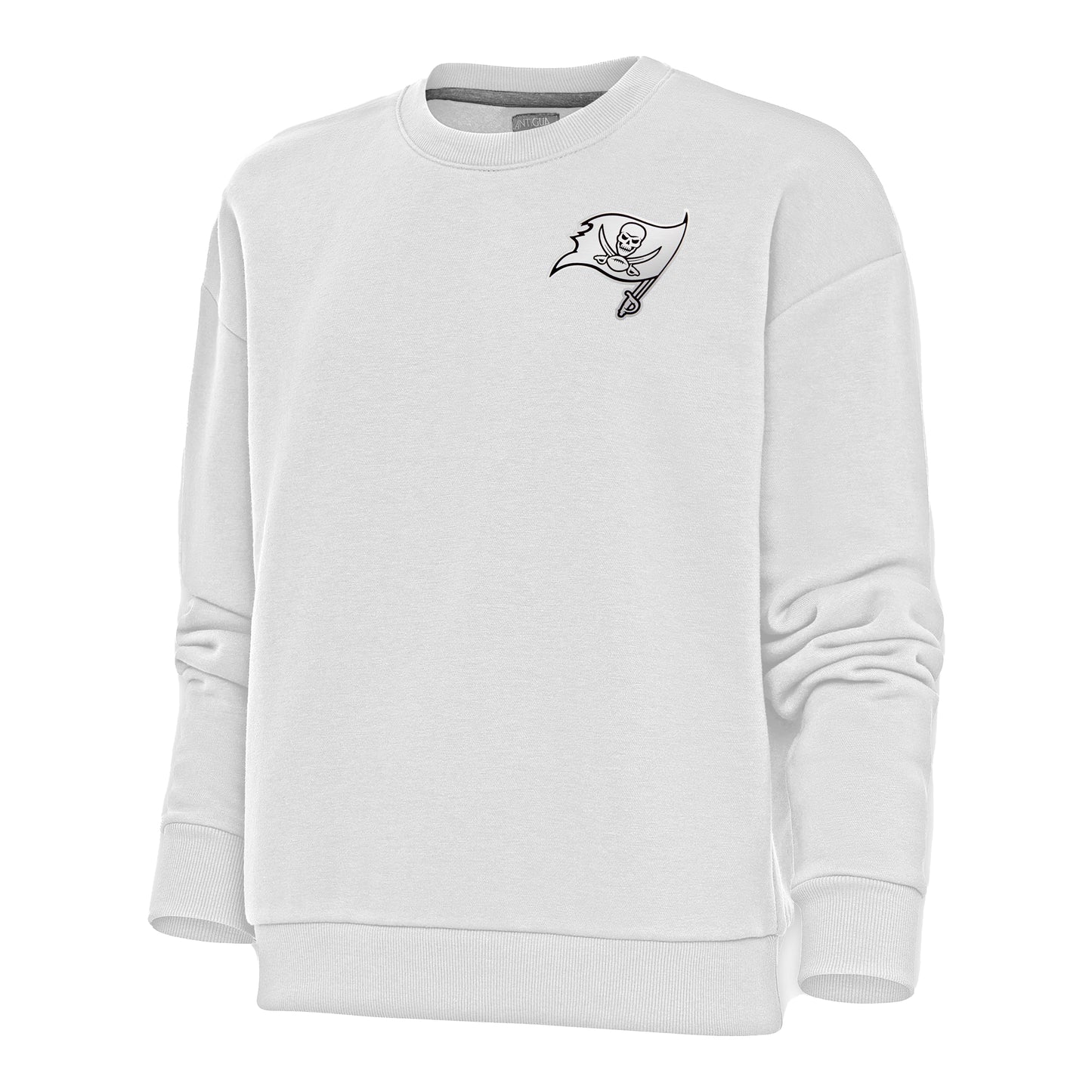 Women's Antigua White Tampa Bay Buccaneers Metallic Logo Victory Crewneck Pullover Sweatshirt