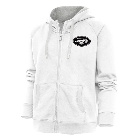 Women's Antigua White New York Jets Metallic Logo Victory Full-Zip Hoodie