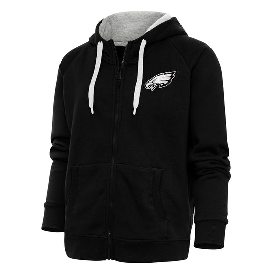 Women's Antigua Black Philadelphia Eagles Metallic Logo Victory Full-Zip Hoodie