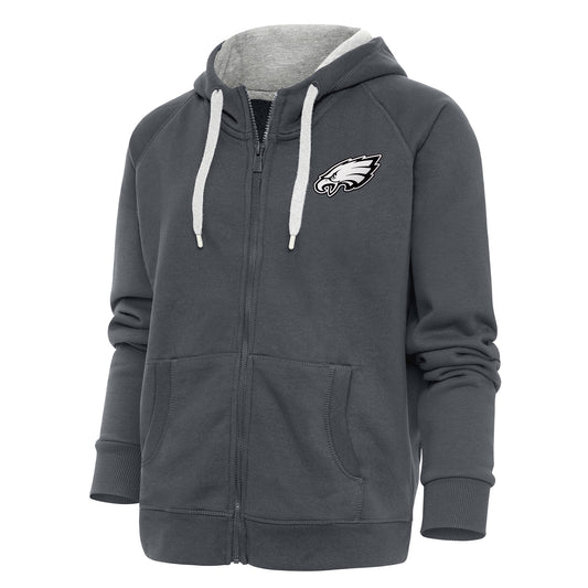 Women's Antigua Charcoal Philadelphia Eagles Metallic Logo Victory Full-Zip Hoodie