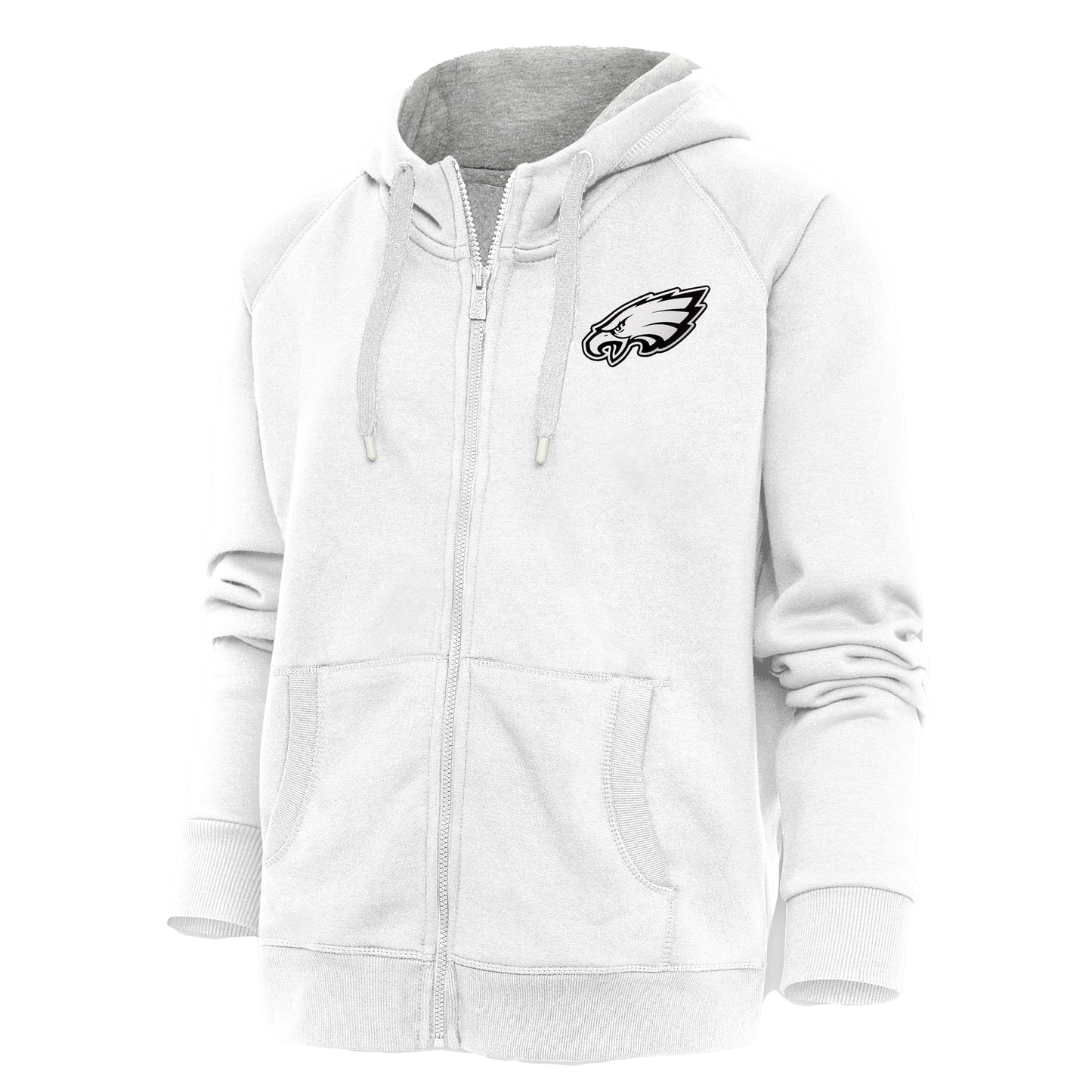 Women's Antigua White Philadelphia Eagles Metallic Logo Victory Full-Zip Hoodie