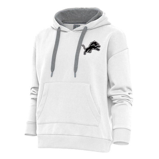 Women's Antigua White Detroit Lions Metallic Logo Victory Pullover Hoodie