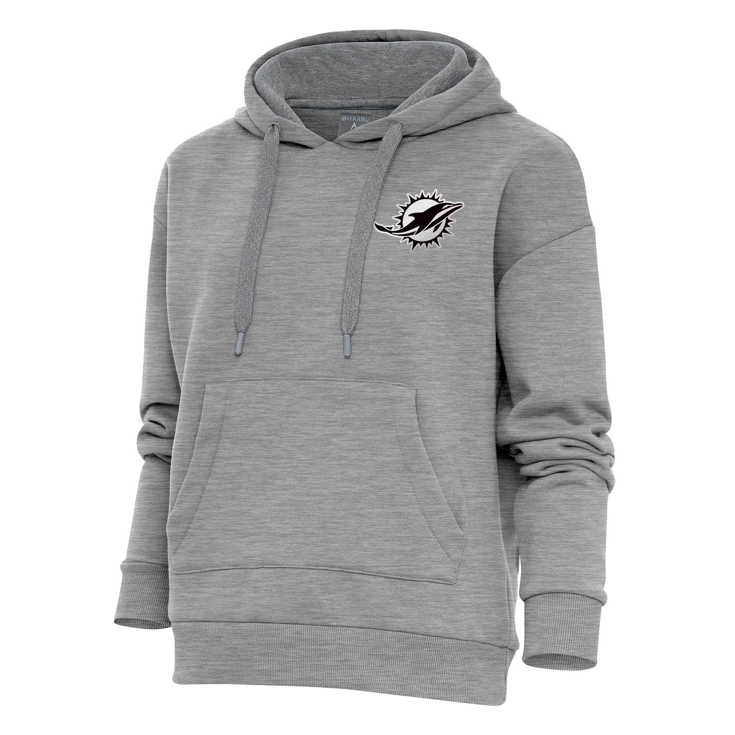 Women's Antigua Heather Gray Miami Dolphins Metallic Logo Victory Pullover Hoodie