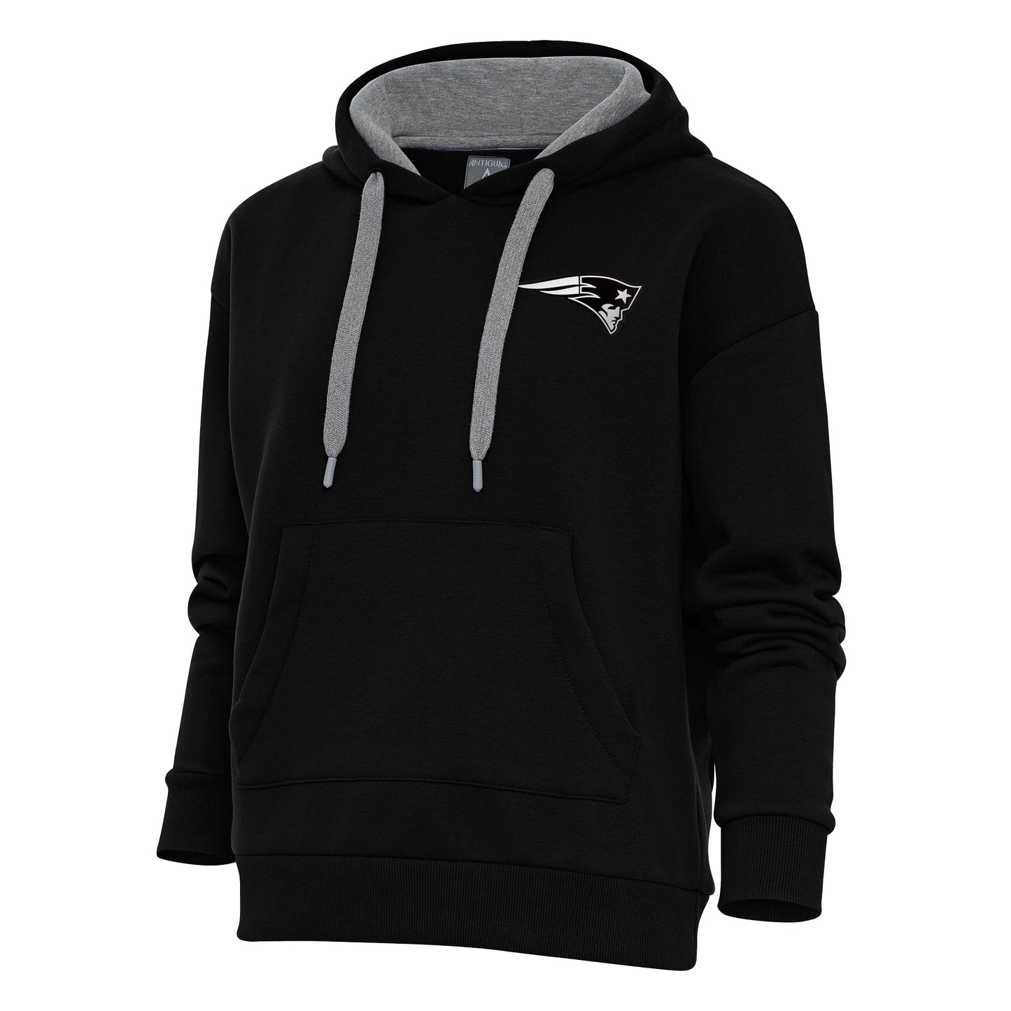 Women's Antigua Black New England Patriots Metallic Logo Victory Pullover Hoodie