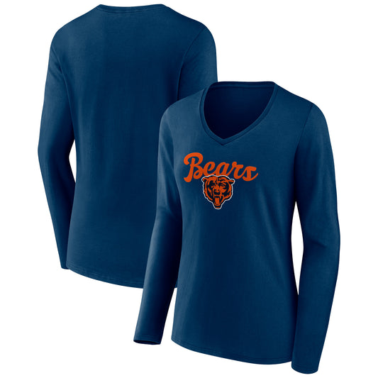 Women's Navy Chicago Bears Freehand Team Long Sleeve V-Neck T-Shirt