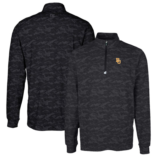 Men's Cutter & Buck Black Baylor Bears Traverse Camo Print Stretch Quarter-Zip Pullover Top