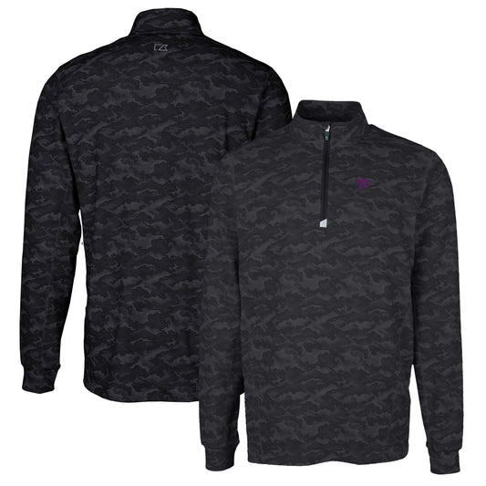 Men's Cutter & Buck Black Kansas State Wildcats Traverse Camo Print Stretch Quarter-Zip Pullover Top