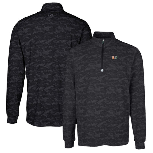 Men's Cutter & Buck Black Miami Hurricanes Traverse Camo Print Stretch Quarter-Zip Pullover Top