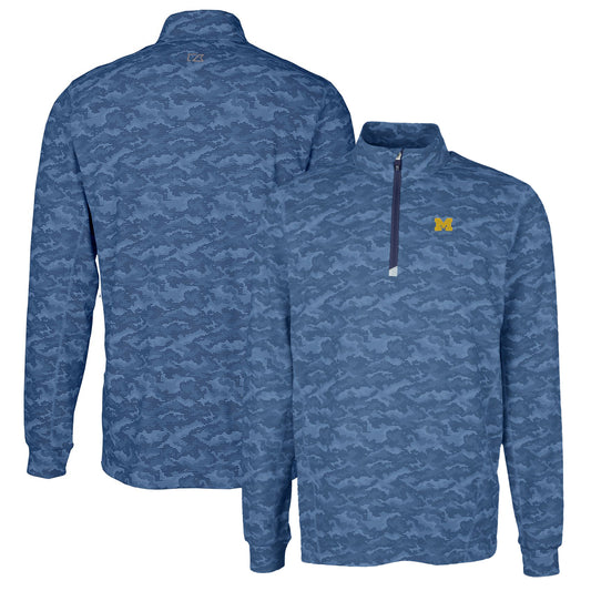 Men's Cutter & Buck Navy Michigan Wolverines Traverse Camo Print Stretch Quarter-Zip Pullover Top